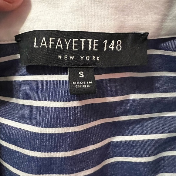 Lafayette 148 New York blue & white striped floral button down 3/4 sleeve shirt - Picture 7 of 11